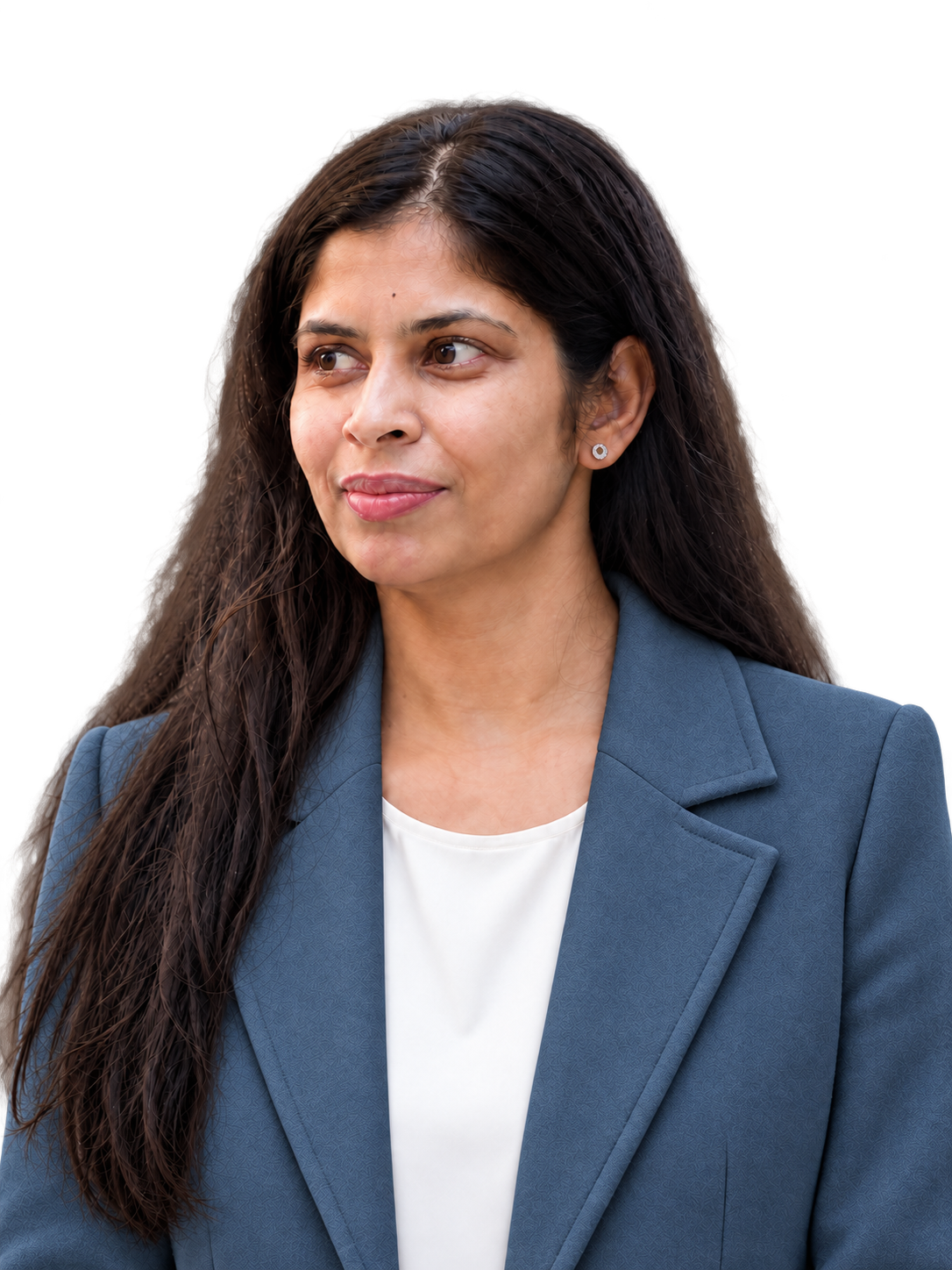 Devika Pillai in a slate blue blazer